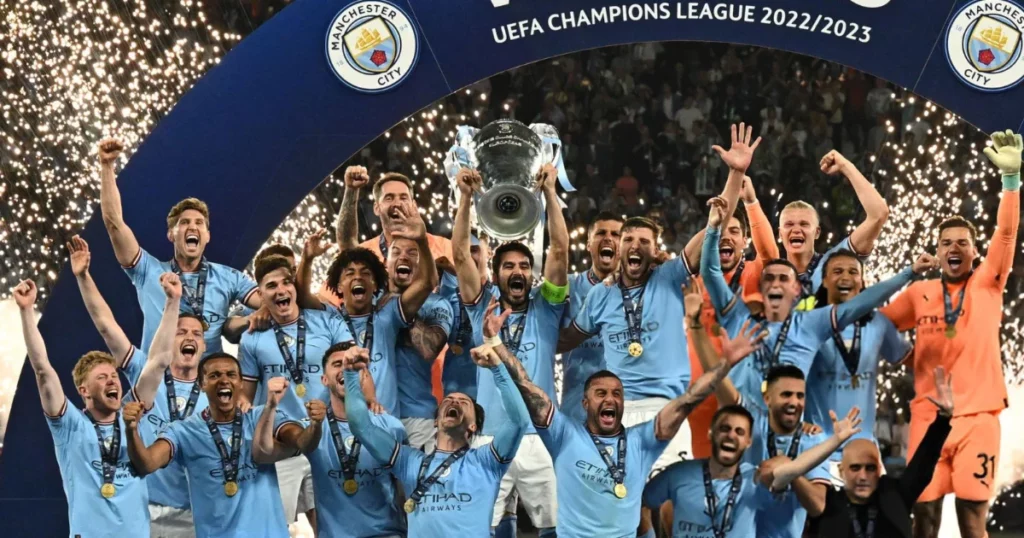 Man City squad with UCL title