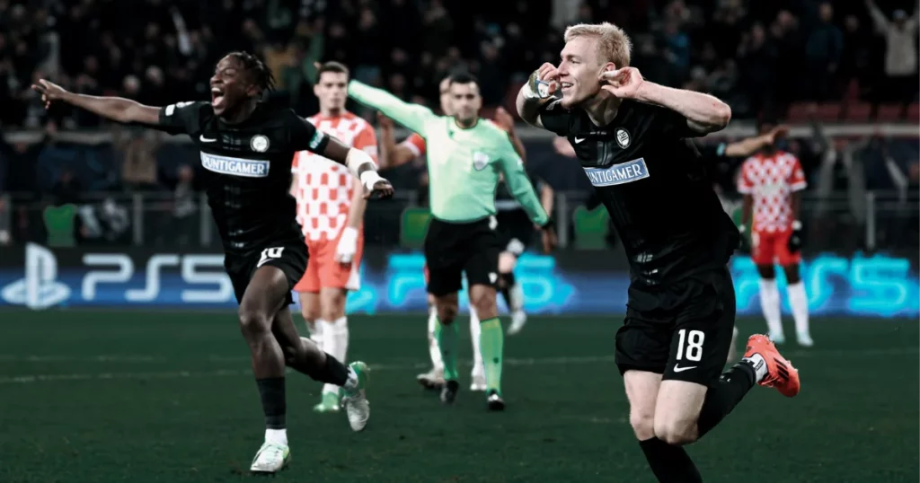 Mika Biereth reacts after scoring against Girona 