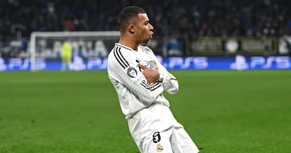 Kylian Mbappe celebrating his goal for Real Madrid.