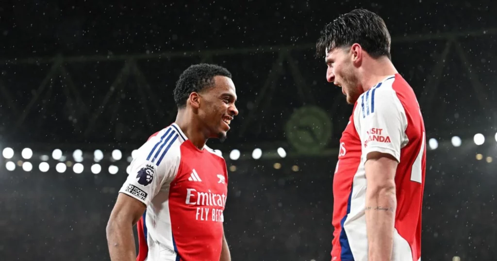 Arsenal's Timber and Rice celebrate their goal