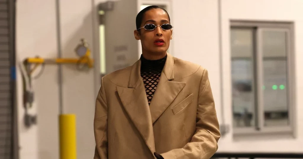 Skylar Diggins-Smith in a tailored beige suit at 2024 WNBA Media Day.