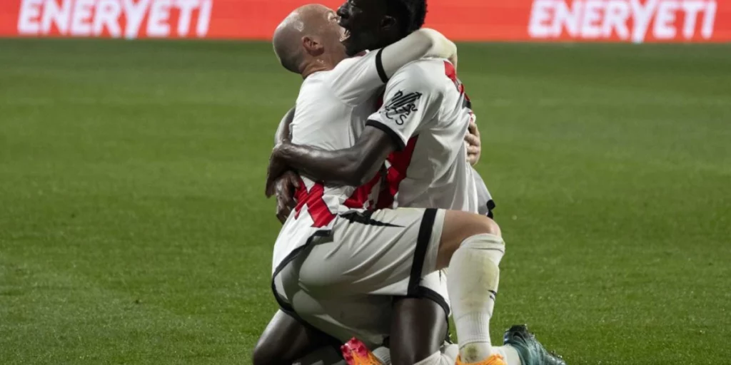 Isi Palazon (left) celebrating with Abdul Mumin (right) after putting Rayo 2-0 ahead 