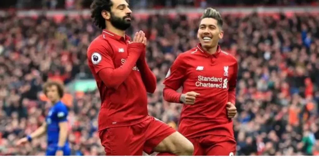 Mohamed Salah with his trademark celebration after a goal against Chelsea