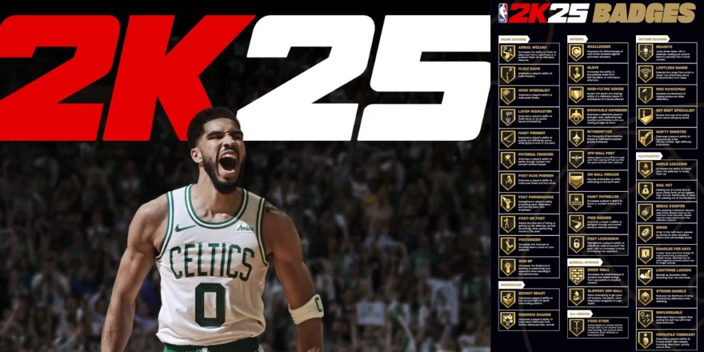 NBA 2k25 poster with NBA 2k25 badges