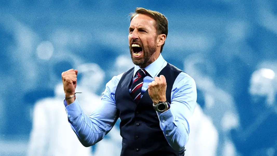 Gareth Southgate celebrating after winning a match