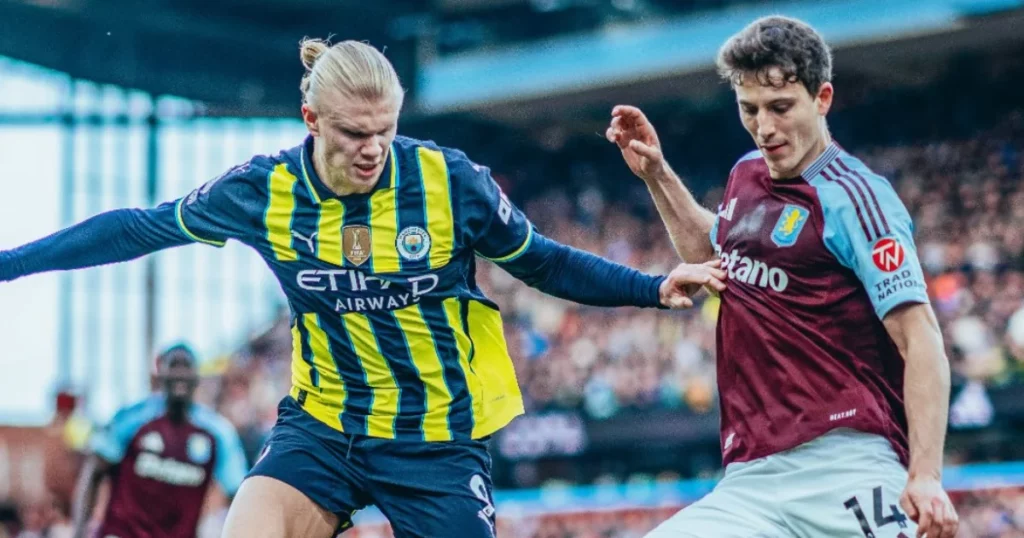 Man City striker Erling Haaland against Aston Villa 