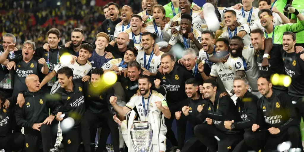 Real Madrid with the Champions League title in 2024 at Wembley 