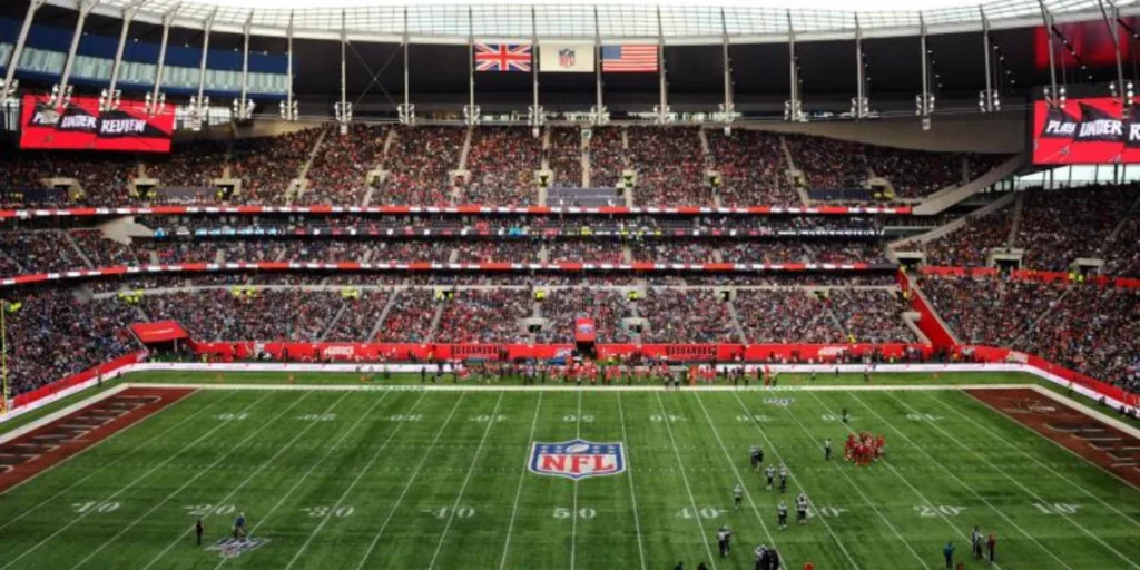 An NFL game in progress at the Wembley Stadium 