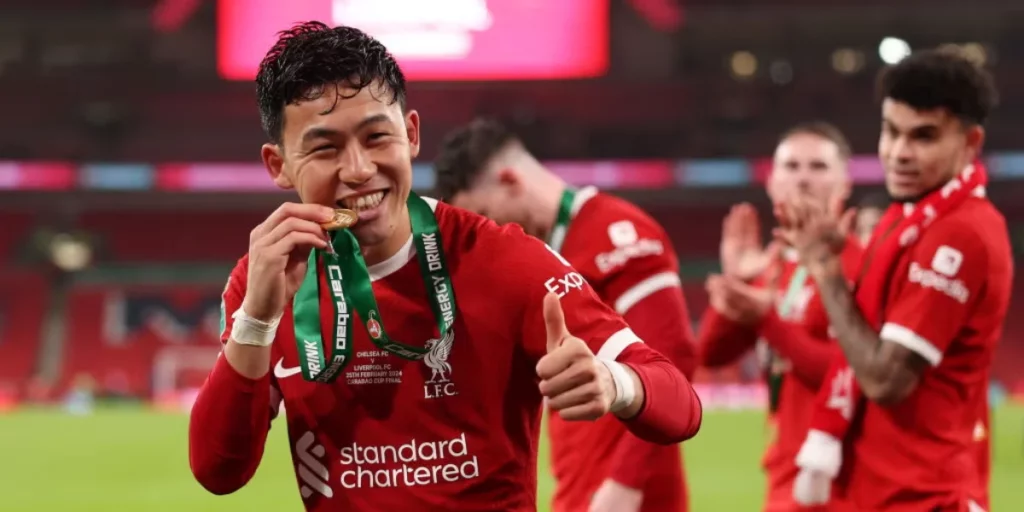 Endo with the Carabao Cup medal for Liverpool (Source: The Independent)