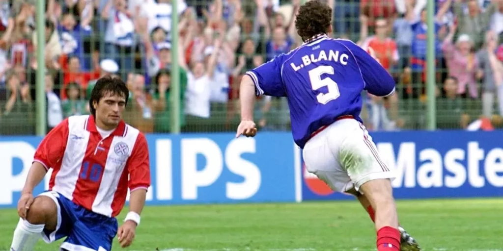 Blanc after scoring the Golden Goal in the World Cup 