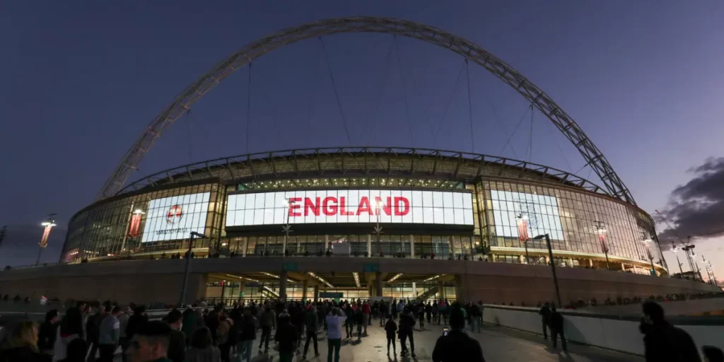 The Wembley Stadium with its iconic arch (