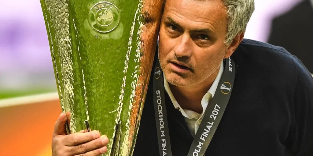 Jose Mourinho with the Europa League trophy at Manchester United 