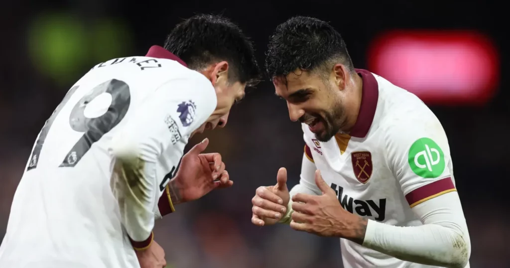 Alvarez (L) and Emerson celebrate West Ham's goal.