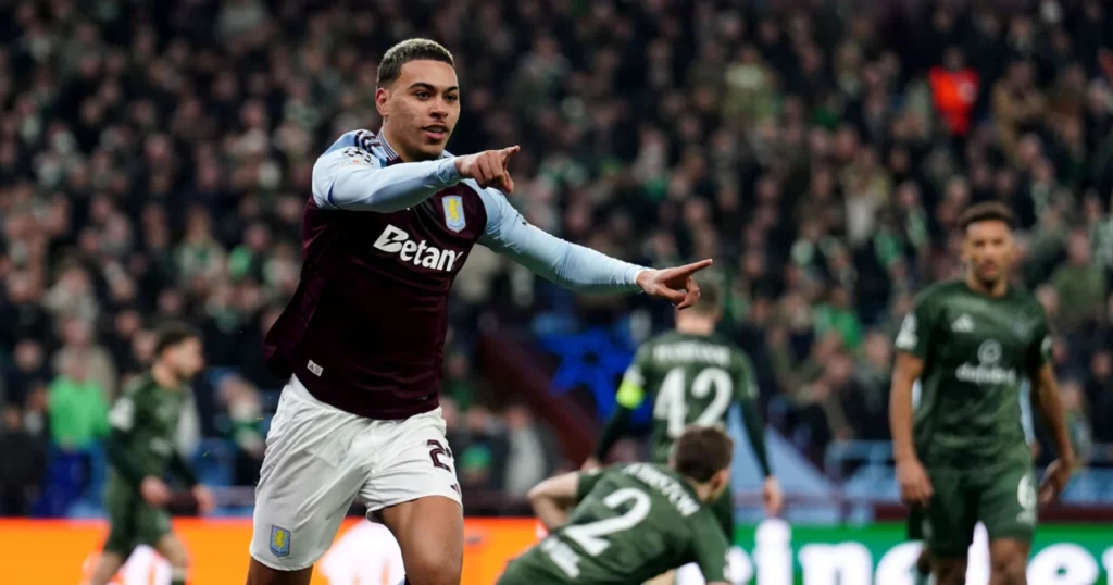 Aston Villa's Rogers celebrates his goal.