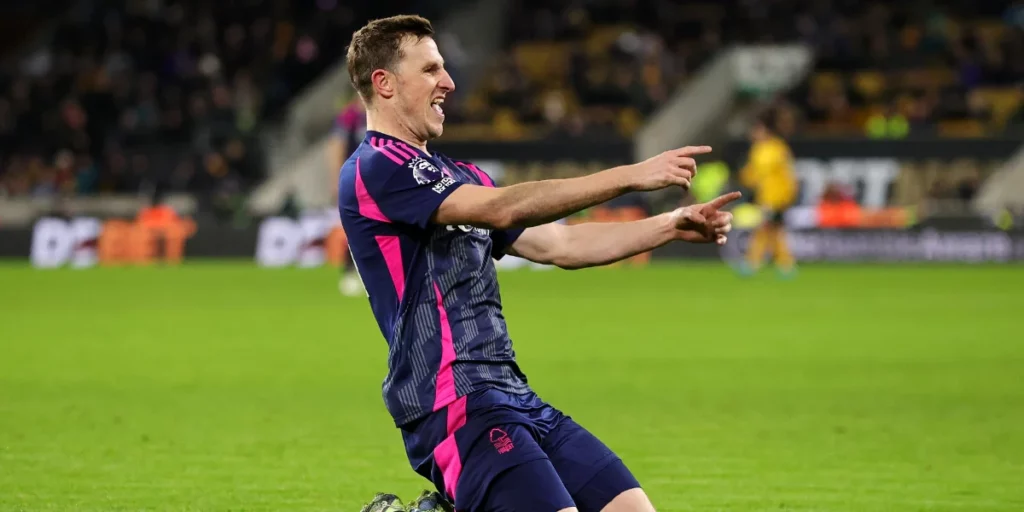 Chris Wood knee slide celebration after scoring a goal