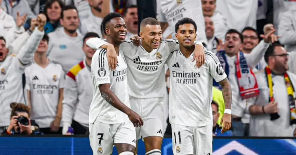 Vini, Mbappe and Rodrygo of Real Madrid celebrating a goal @realmadrid/X