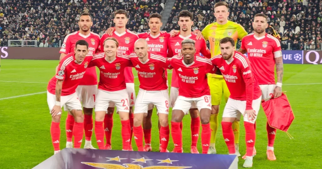 Benfica players pose for a team picture ahead of their clash against Juventus