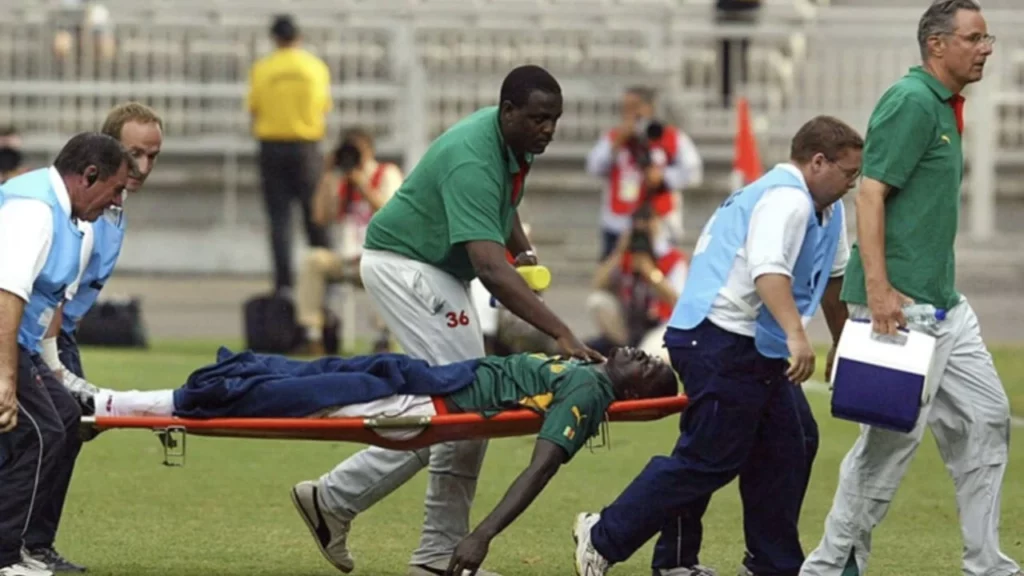 Marc- Vivien Foé being carried by medics.