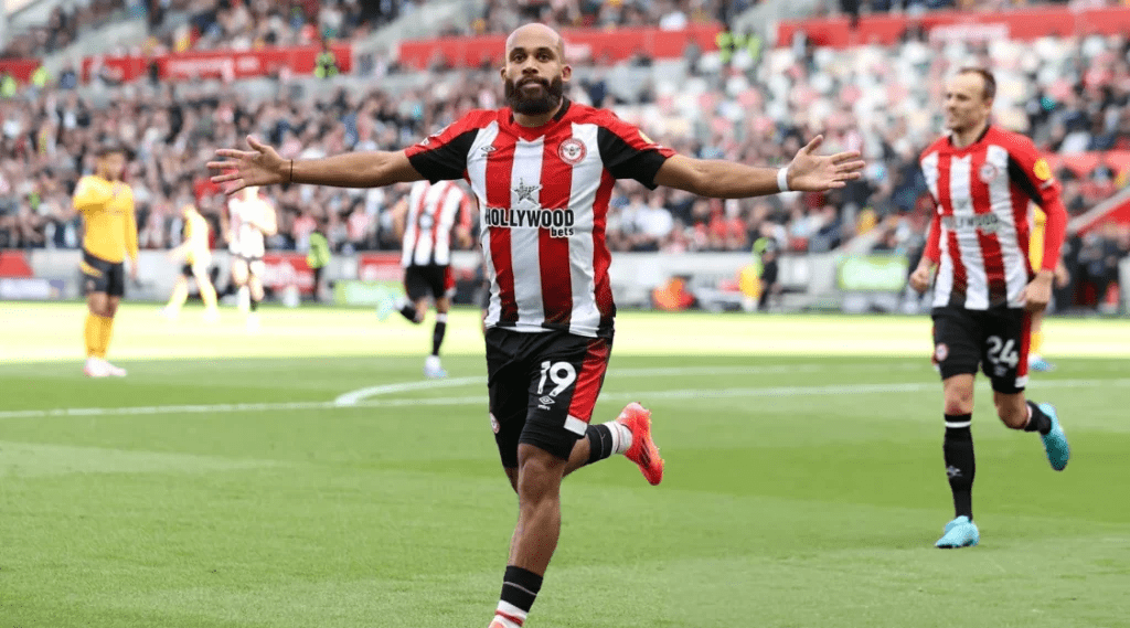 Bryan Mbeumo of Brentford celebrating his goal vs Wolves in EPL (Getty Images)