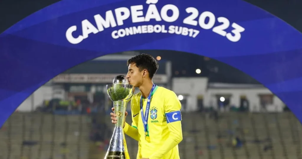 Vitor Reis celebrating Brazil Under-17's Conmebol triumph