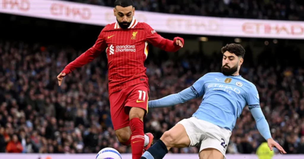 Manchester City's Gvardiol attempts to stop Salah. (Image Credits: PL official X /@premierleague)