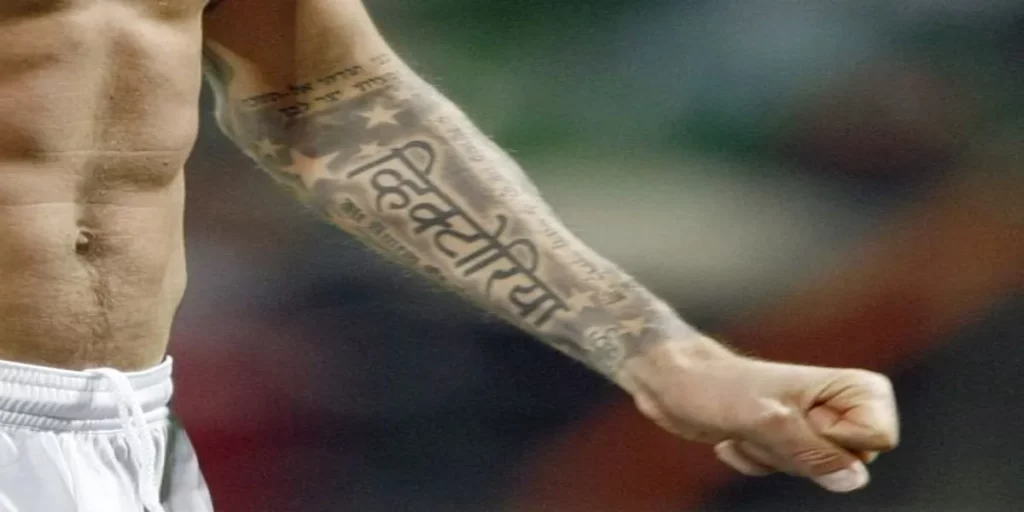 One of David Beckham Tattoos features his wife's name in Hindi