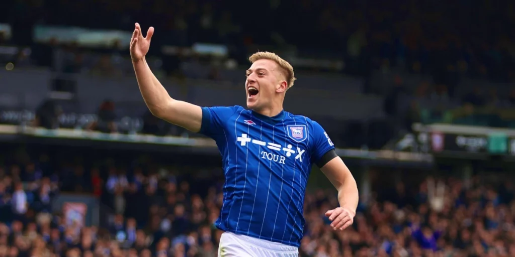 Liam Delap celebrates after scoring for Ipswich Town