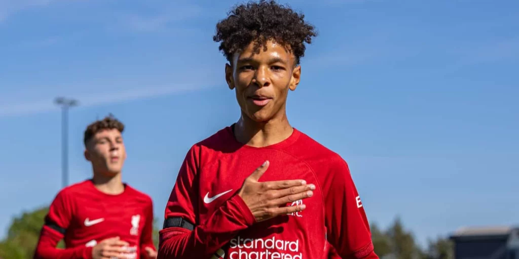 Trent Kone-Doherty celebrates after scoring for Liverpool Youth Team