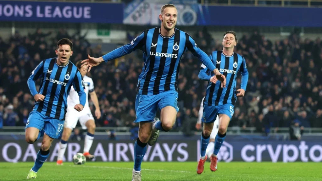 Club Brugge after scoring a late winner against Atalanta BC in the 94th minute