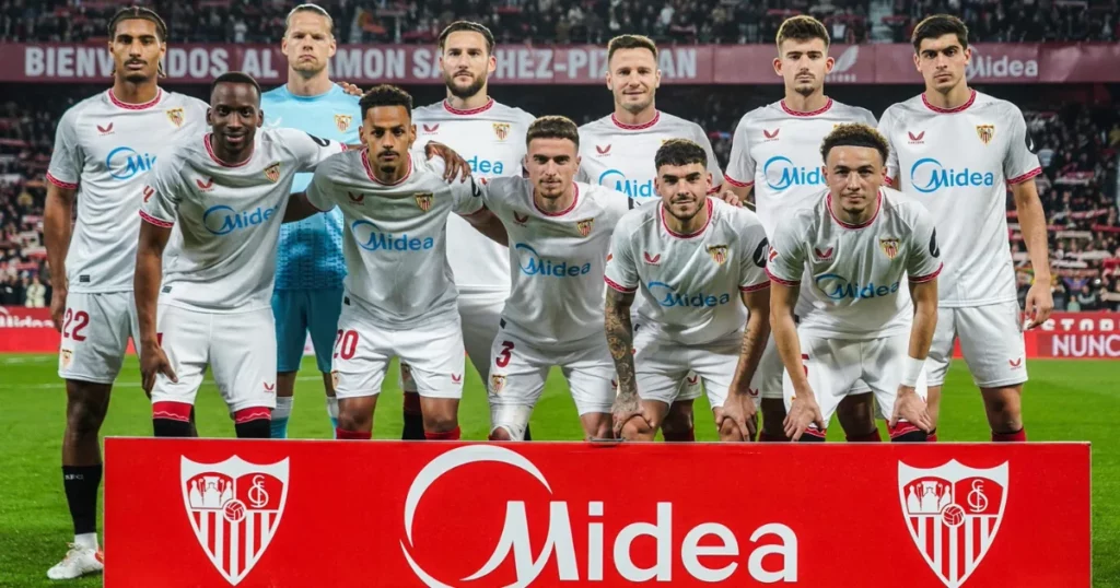 Sevilla players ahead of their game against Barcelona