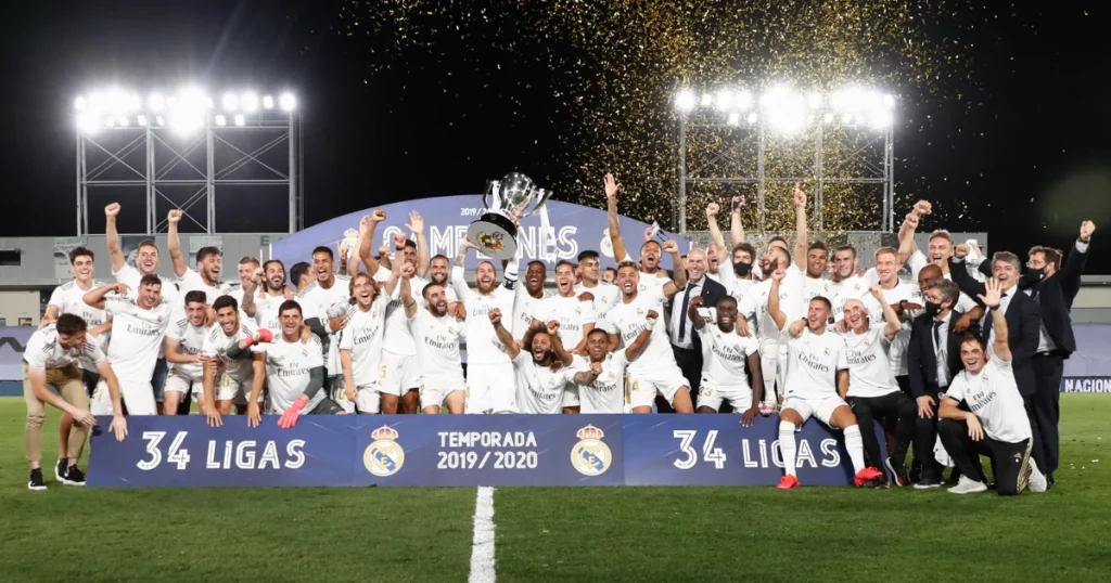 Real Madrid Squad celebrating after winning 34th La Liga title