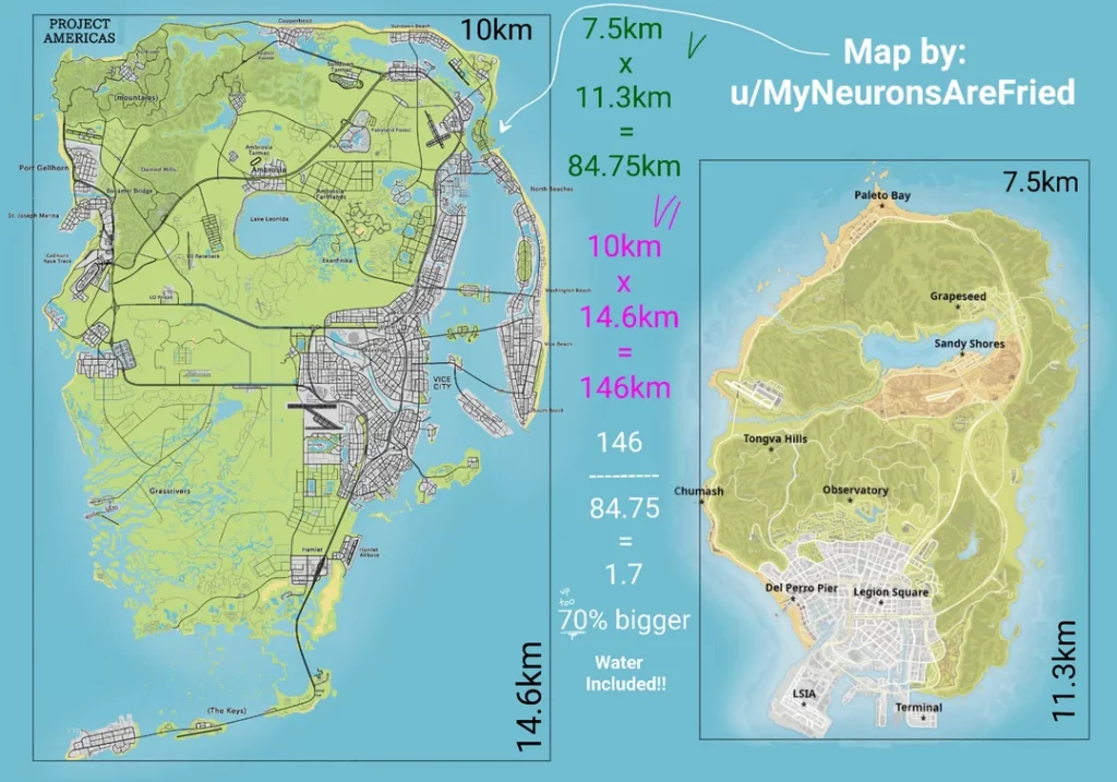 GTA 6 leaked map comparison with GTA V