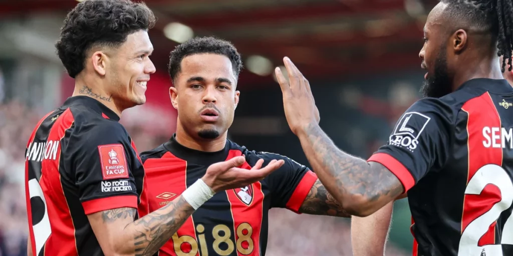 Evanilson (left) celebrating his goal with Kluivert (centre) and Semenyo (right). He was one of the best rated players in Bournemouth vs Manchester City Player Ratings