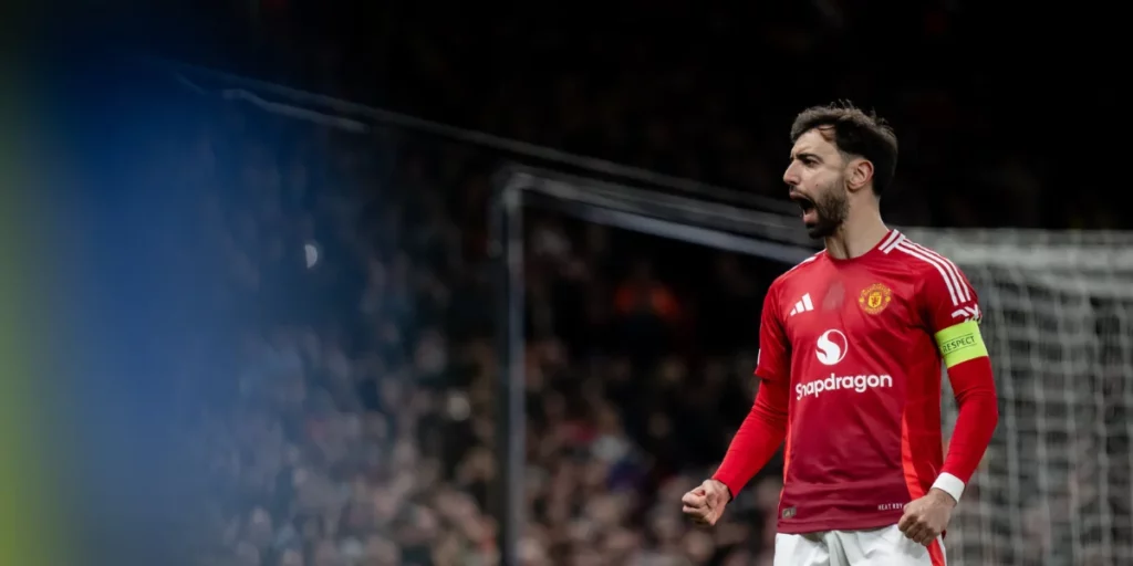 Bruno Fernandes celebrating after his goal. He was one of the best rated players from Manchester United vs Real Sociedad Player Ratings