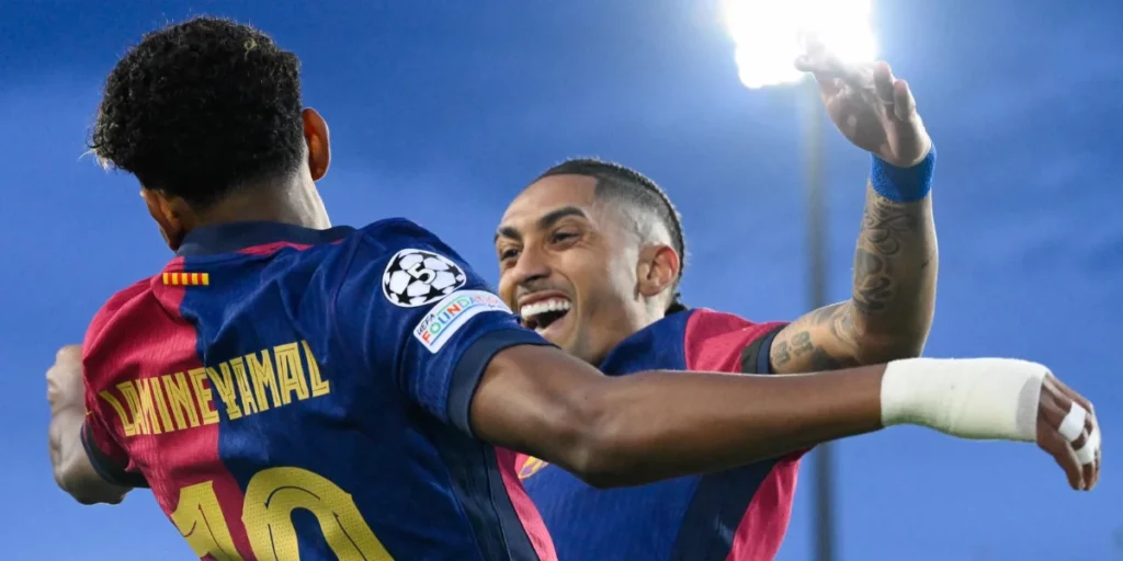 Lamine Yamal (left) and Raaphinha (right) were the match winners and the best rated players from Barcelona vs Benfica Player Ratings