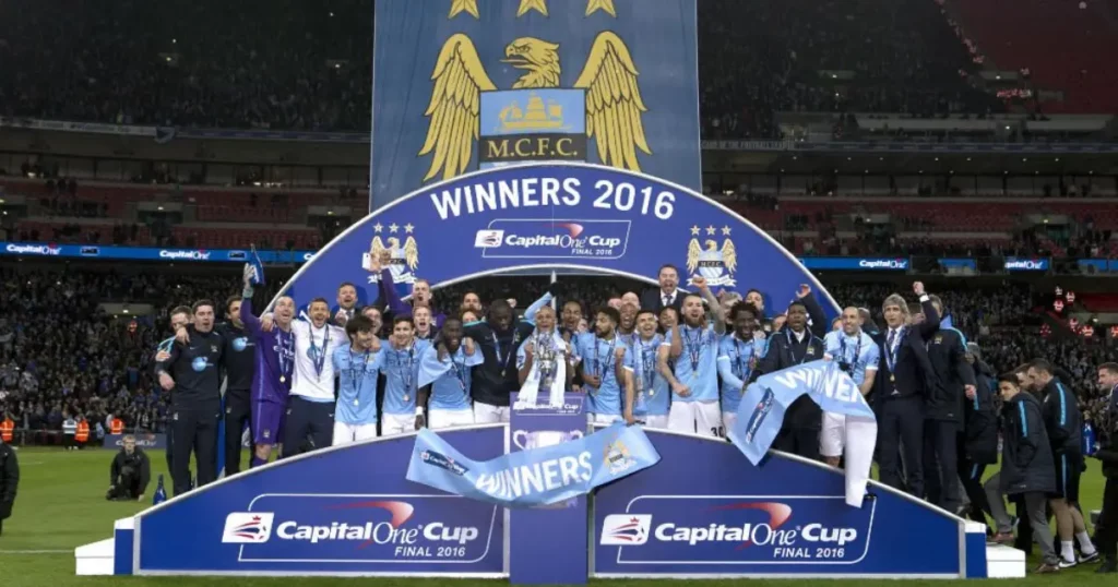 Man City celebrating their EFL triumph in 2016