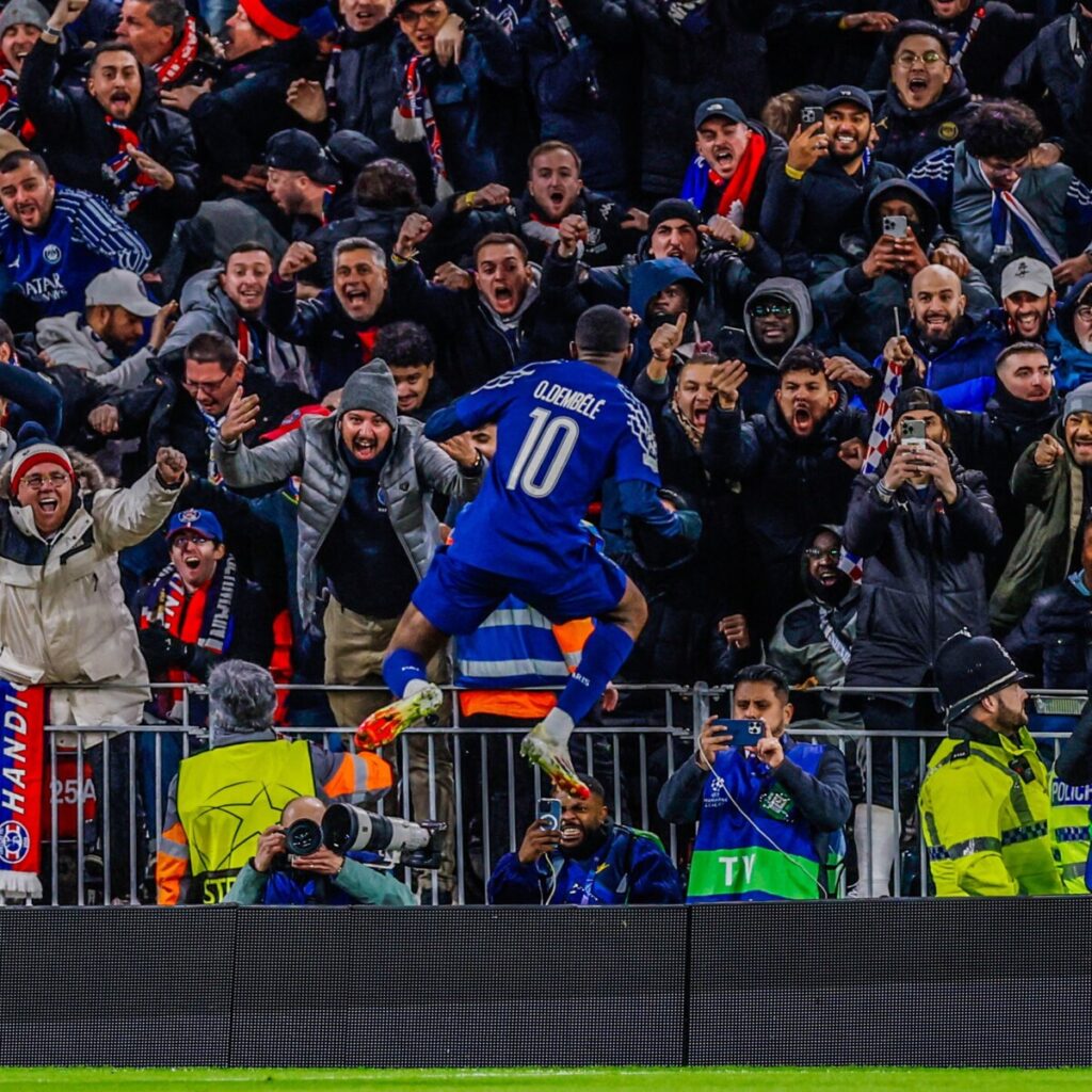Ousmane Dembele celebrates his goal against Liverpool (Image credit: Official X@/PSG)