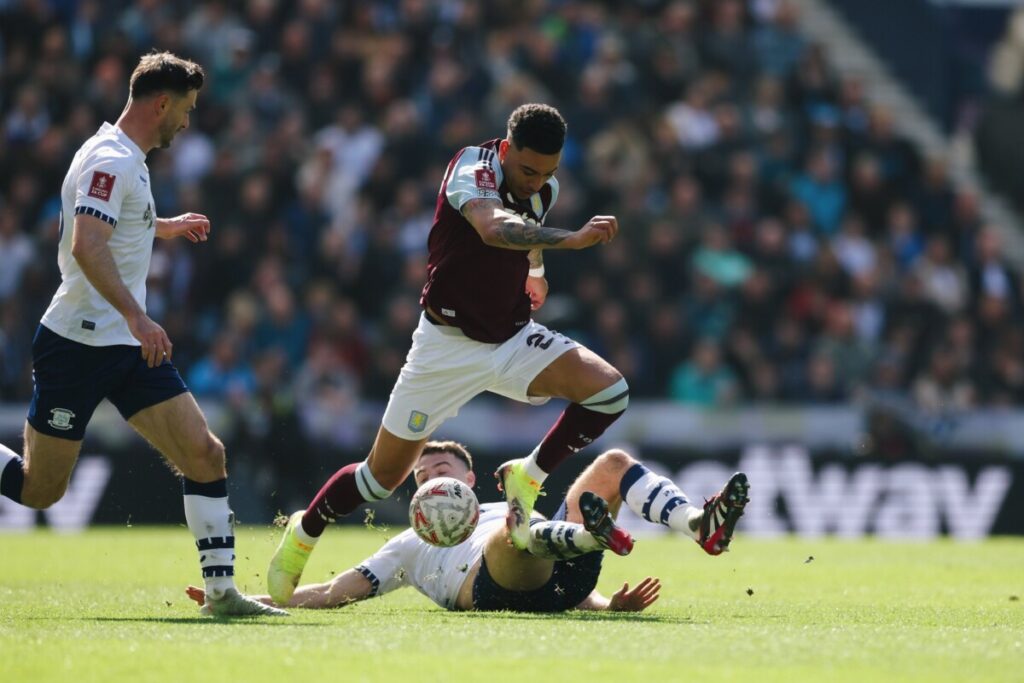 Preston North End defenders against Morgan Rogers (Image credit: Aston Villa |X)