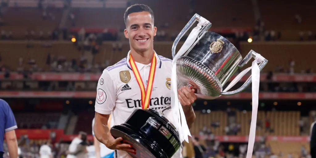 Lucas Vazquez posing with his Laliga Title 