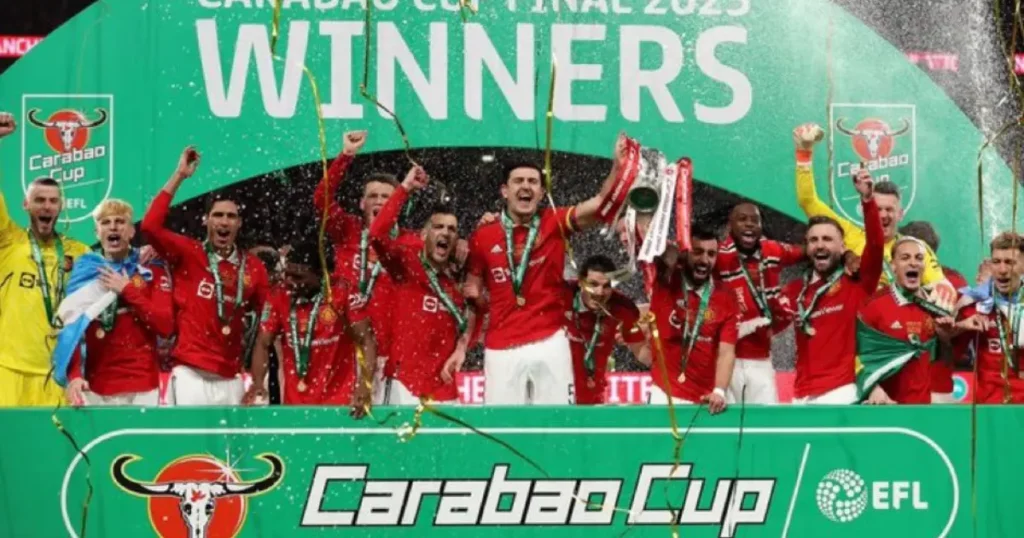 Man United players at podium after Carabao Cup success in 2023
