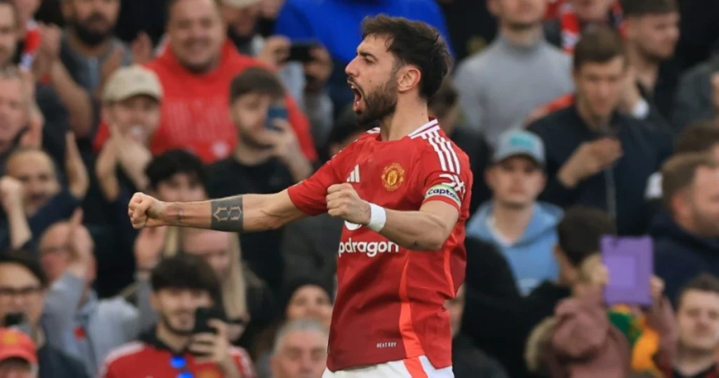 Bruno Fernandes celebrates his freekick goal against Arsenal