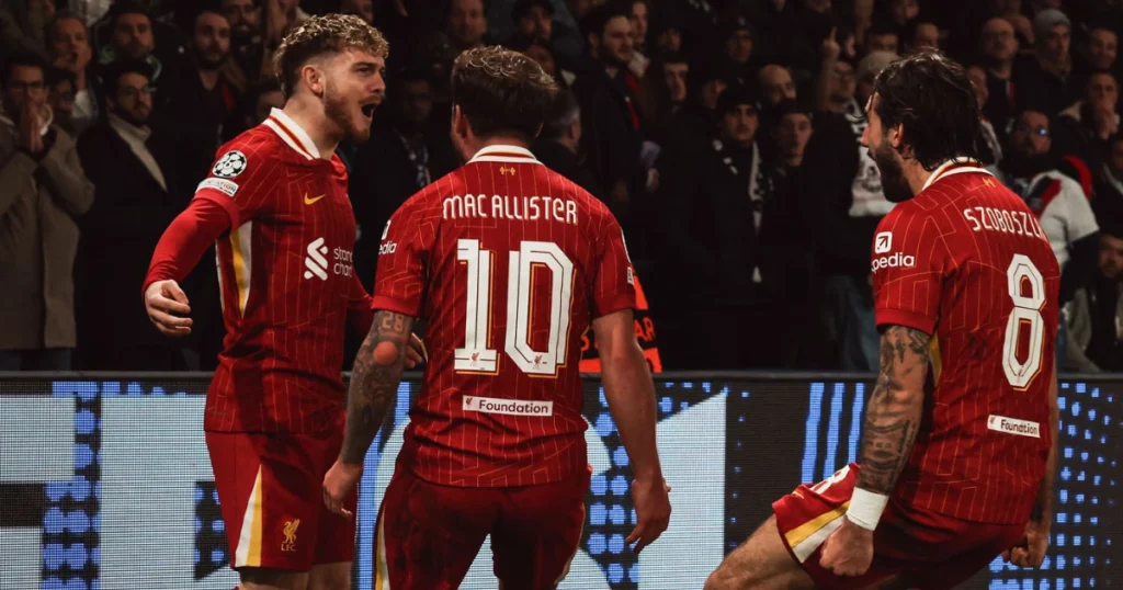 Harvey Elliott celebrates his late winner against PSG with teammates Mac Allister and Szoboszlai
