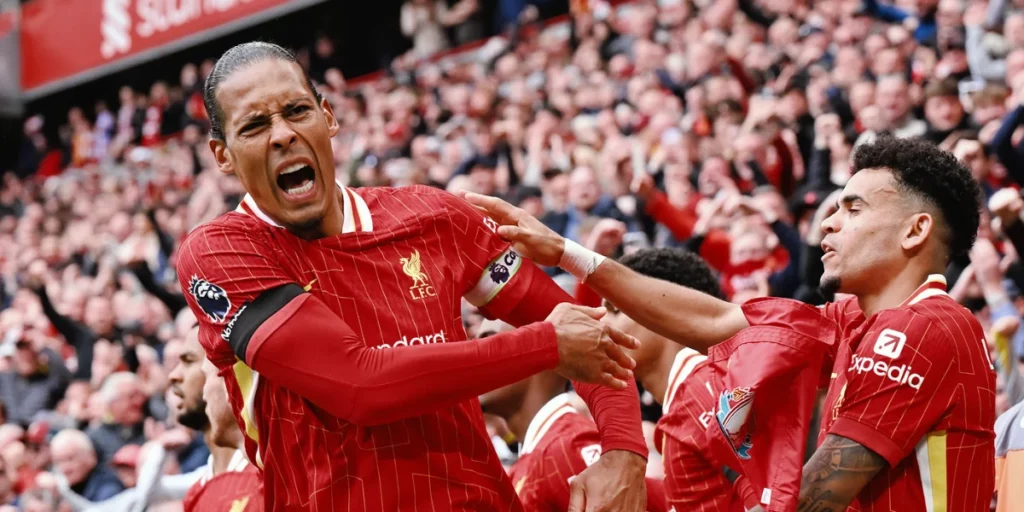 Virgil van Dijk celebrates the late winner for Liverpool