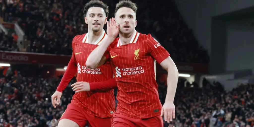 Diogo Jota (right) celebrating with Jones (left). Jota was one of the best rated players in Liverpool vs Everton Player Ratings