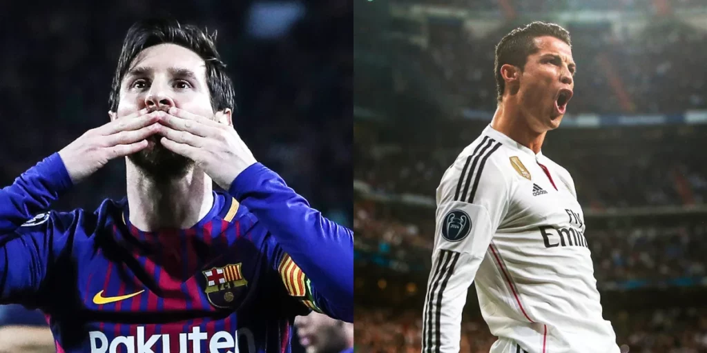 Lionel Messi and Cristiano Ronaldo celebrating their goals.