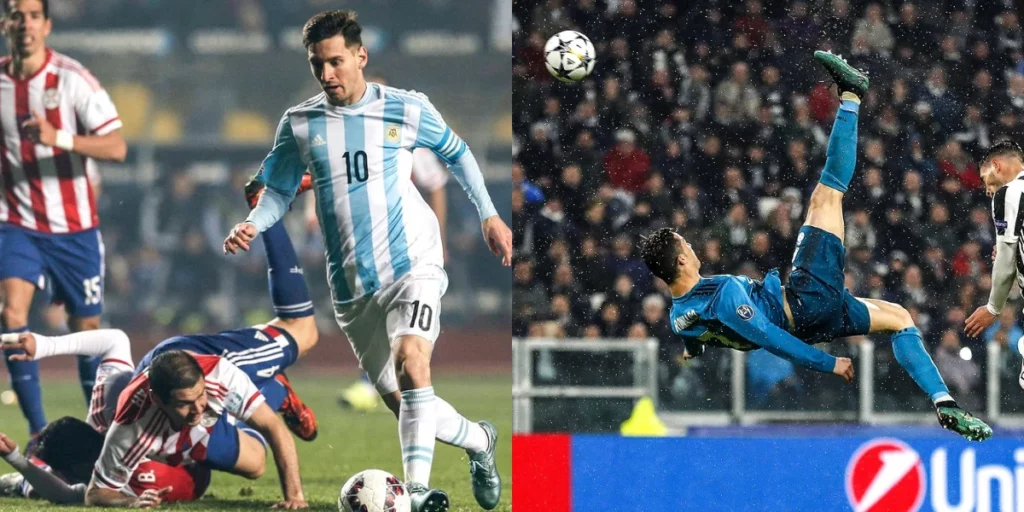 Lionel Messi and Cristiano Ronaldo scoring their style of unique goals.