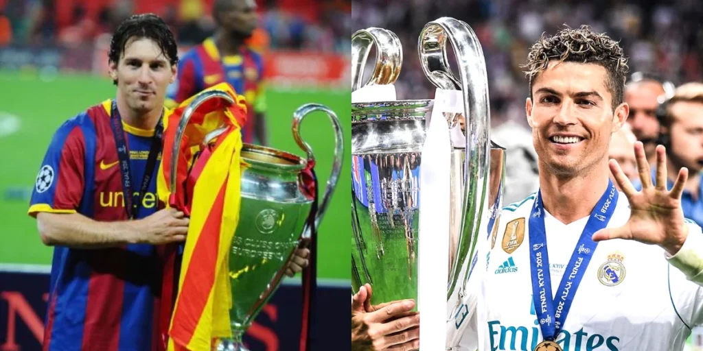 Lionel Messi and Cristiano Ronaldo posing with their UEFA Champions League trophies.