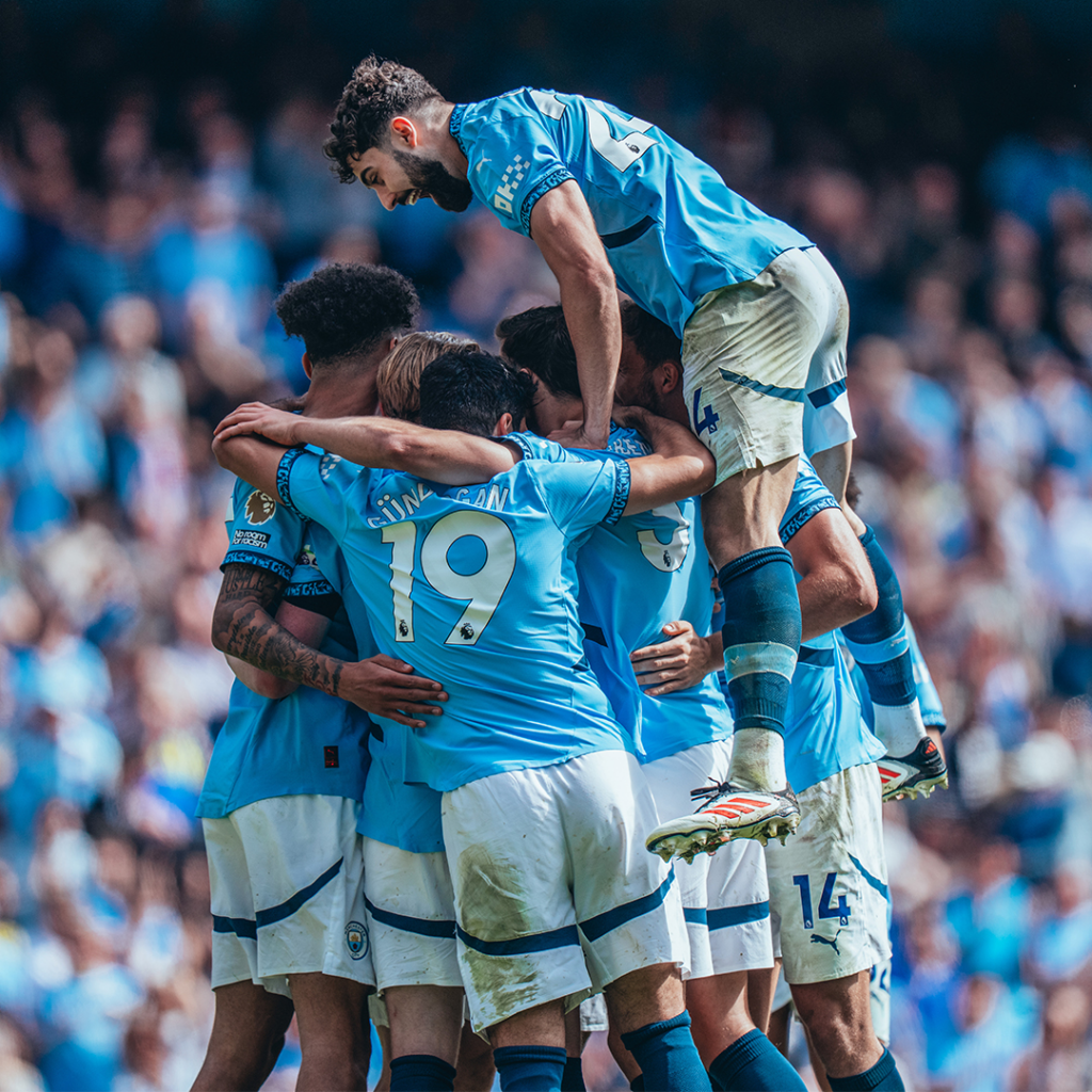 Man City players celebrate after a goal. (Image Credits: Official X@/ManCity)