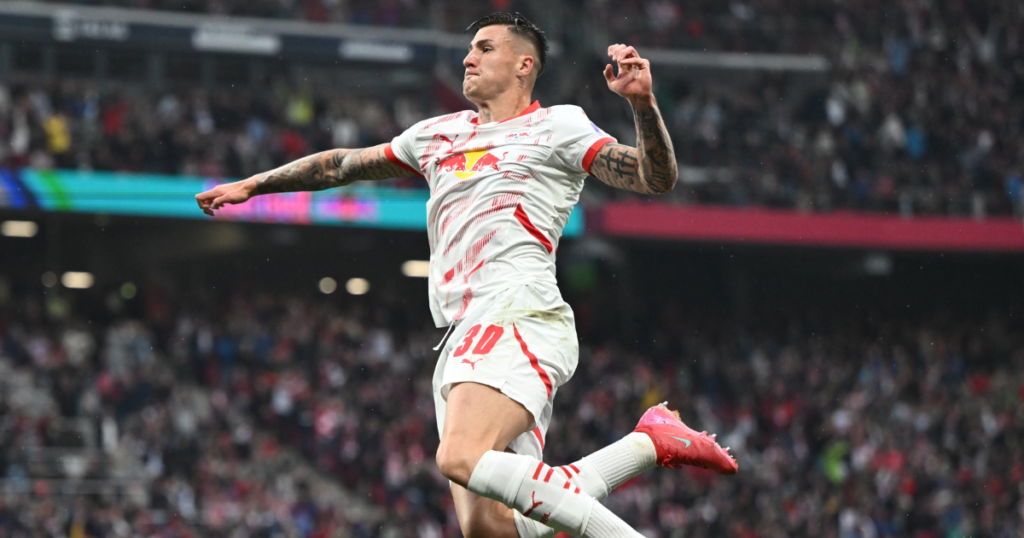 Benjamin Sesko celebrates against Bayern Munich (Image credit: RB Leipzig |X)