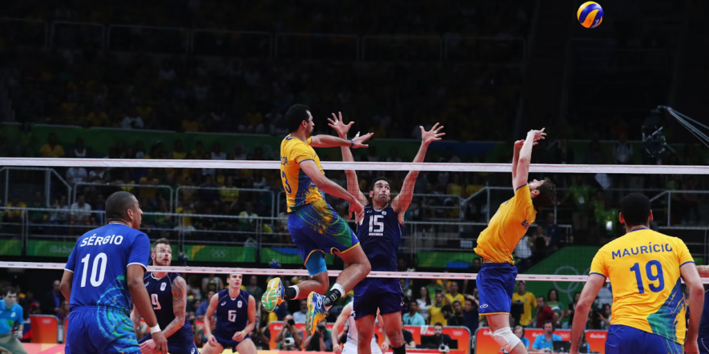 A volleyball match in action
